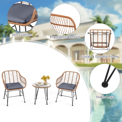 Topbuy 3 PCS Patio Rattan Furniture Set with Round Tempered Glass Top Table & 2 Rattan Armchairs White/Turquoise/Red