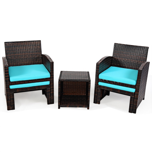 Patiojoy 5 PCS Patio Rattan Wicker Furniture Set Chair Coffee Table Kit w/Soft Cushion Ottoman Gray/Turquoise/White/Red