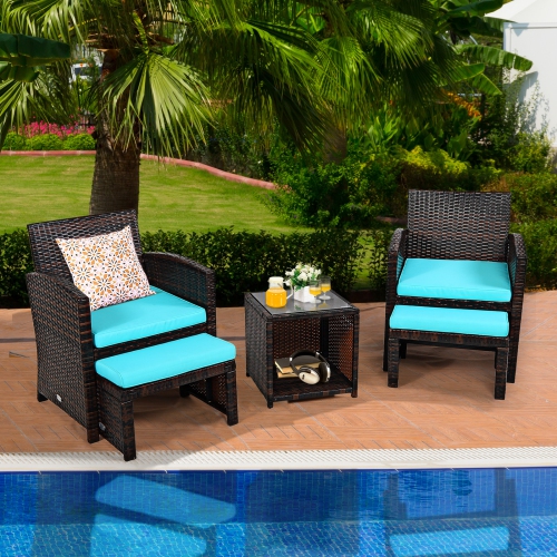 Patiojoy 5 PCS Patio Rattan Wicker Furniture Set Chair Coffee Table Kit w/Soft Cushion Ottoman Gray/Turquoise/White/Red