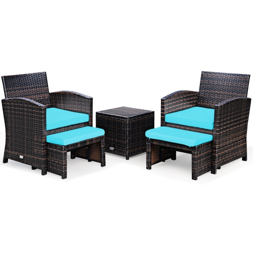 Patiojoy 5 PCS Patio Rattan Wicker Furniture Set Chair Coffee Table Kit w/Soft Cushion Ottoman Gray/Turquoise/White/Red
