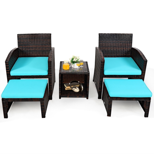 Patiojoy 5 PCS Patio Rattan Wicker Furniture Set Chair Coffee Table Kit w/Soft Cushion Ottoman Gray/Turquoise/White/Red