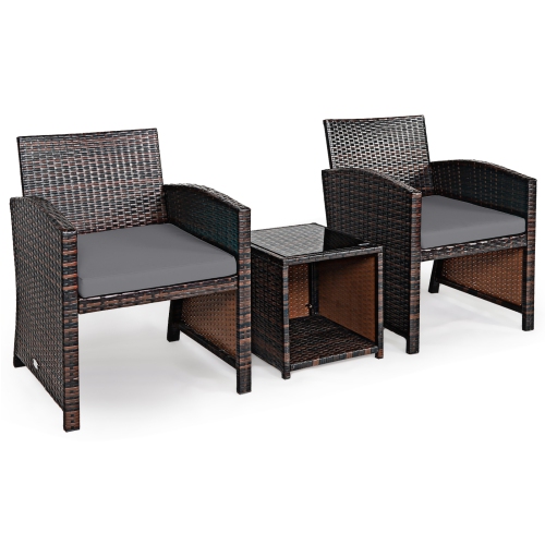 TOPBUY  Patiojoy 3 PCs Patio Rattan Furniture Set Conversation Chair Set With Soft Cushion & Coffee Table for Backyard Poolside Garden