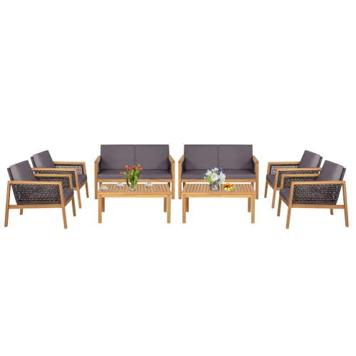 TOPBUY  Patiojoy 8-Piece Patio Acacia Wood Furniture Set Outdoor Pe Rattan Conversation Set With Removable Cushions