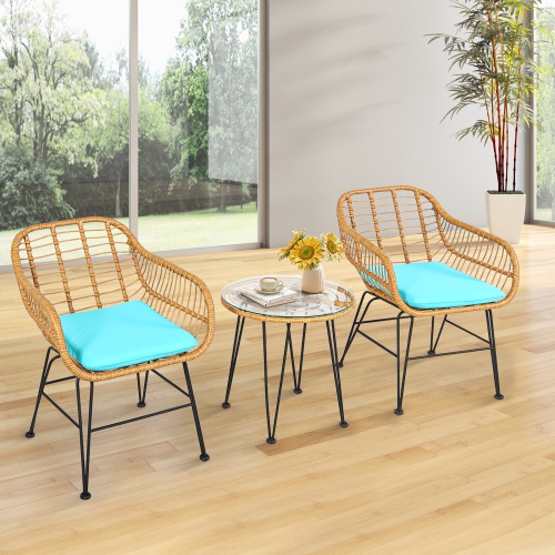 TOPBUY  Patiojoy 3 Pieces Patio Furniture Set W/tempered Glass Coffee Table Set for Garden And Backyard White/red/turquoise Cushions