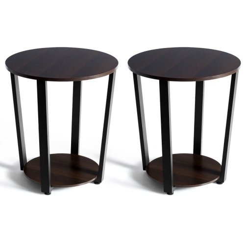 TOPBUY  2 PCs 2-Tier Industrial Round End Table Metal Sofa Side Table With Storage Shelf