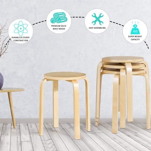 Topbuy Set of 4 Stacking Bentwood Stool Round Dining Chair Backless Bar Stool Natural