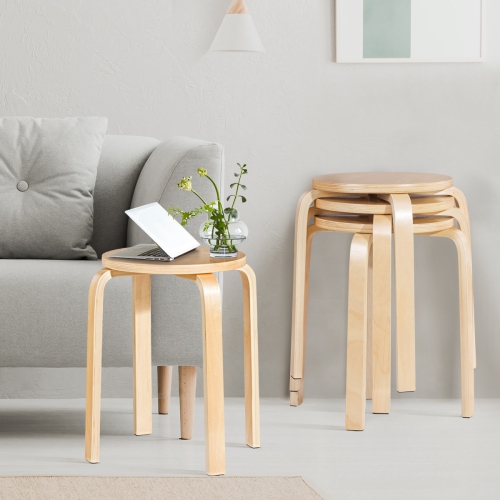 Topbuy Set of 4 Stacking Bentwood Stool Round Dining Chair Backless Bar Stool Natural