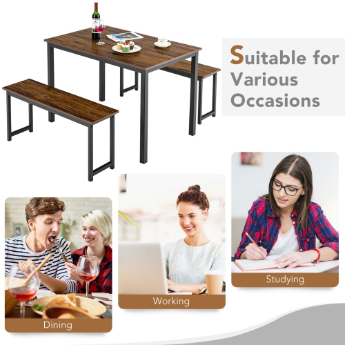 Topbuy 3pcs Dining Table Set for 4 Modern Industrial Counter Height Kitchen Table Set with 2 Benches for Dining Room Natural/Brown