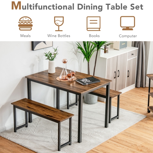 Topbuy 3pcs Dining Table Set for 4 Modern Industrial Counter Height Kitchen Table Set with 2 Benches for Dining Room Natural/Brown