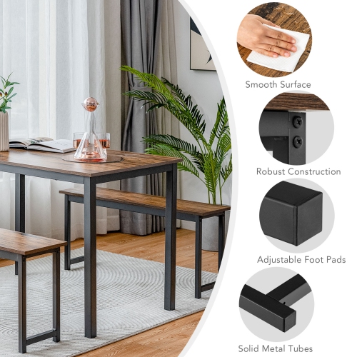 Topbuy 3pcs Dining Table Set for 4 Modern Industrial Counter Height Kitchen Table Set with 2 Benches for Dining Room Natural/Brown