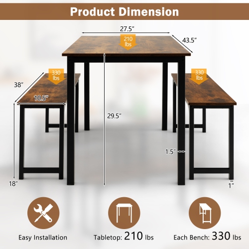 Topbuy 3pcs Dining Table Set for 4 Modern Industrial Counter Height Kitchen Table Set with 2 Benches for Dining Room Natural/Brown
