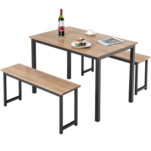 Image 1 of 9.. Topbuy 3pcs Dining Table Set for 4 Modern Industrial Counter Height Kitchen Table Set with 2 Benches for Dining Room Natural/Brown