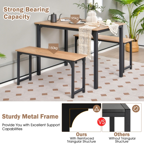 Topbuy 3pcs Dining Table Set for 4 Modern Industrial Counter Height Kitchen Table Set with 2 Benches for Dining Room Natural/Brown