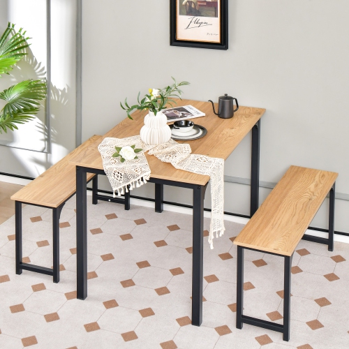 TOPBUY  3PCs Dining Table Set for 4 Modern Industrial Counter Height Kitchen Table Set With 2 Benches for Dining Room Natural/brown