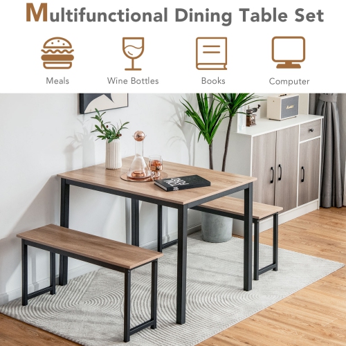 Topbuy 3pcs Dining Table Set for 4 Modern Industrial Counter Height Kitchen Table Set with 2 Benches for Dining Room Natural/Brown