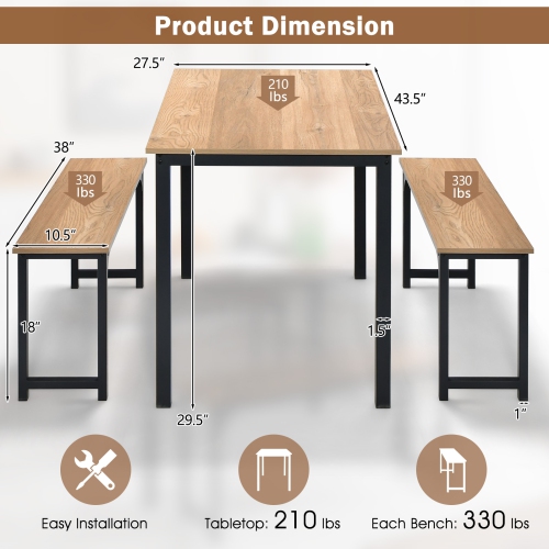 Topbuy 3pcs Dining Table Set for 4 Modern Industrial Counter Height Kitchen Table Set with 2 Benches for Dining Room Natural/Brown