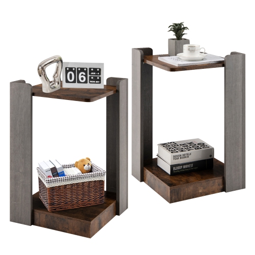 COSTWAY  2PCs 2 Tier Sofa Side End Table Storage Shelf Small Spaces Living Room Bedroom