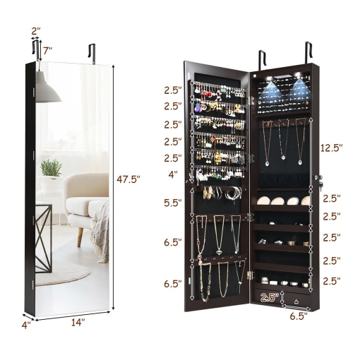 Gymax Mirrored Wall & Door Mounted Jewelry Storage Cabinet Organizer W/ Lights&Drawer