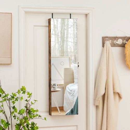 Gymax Mirrored Wall & Door Mounted Jewelry Storage Cabinet Organizer W/ Lights & Drawer Rustic Brown