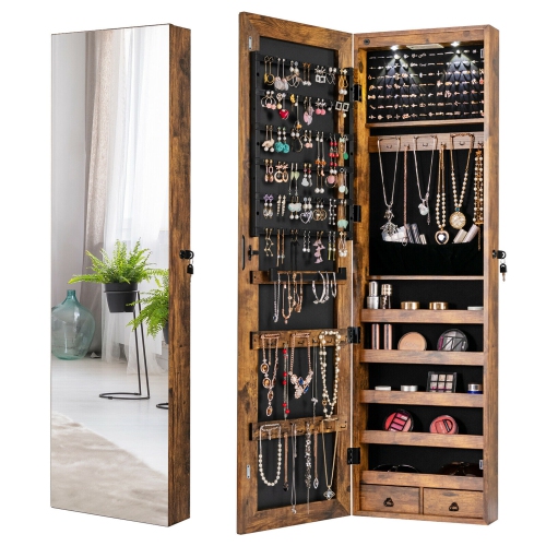 Gymax Mirrored Wall & Door Mounted Jewelry Storage Cabinet Organizer W/ Lights & Drawer Rustic Brown