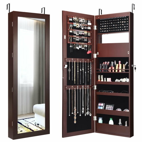 Gymax Wall Door Mounted Lockable Jewelry Cabinet Armoire Organizer w/LED