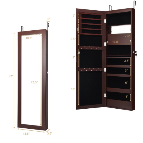 Gymax Wall Door Mounted Lockable Jewelry Cabinet Armoire Organizer w/LED