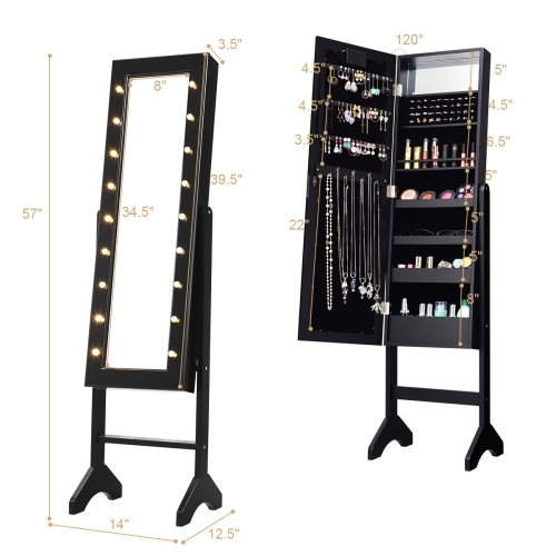 Gymax Full Length Mirror Jewelry Organizer Vanity Box w/ 18 LED Lights