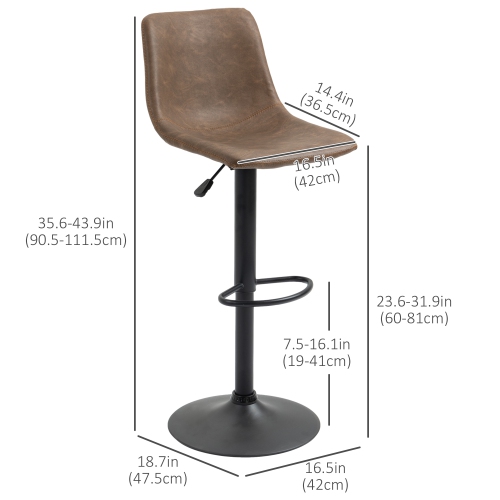 HOMCOM Adjustable Bar Stools Set of 2, Swivel Barstools with Back and Footrest, Faux Leather Counter Height Bar Chairs for Kitchen, Dining Room, Bar,