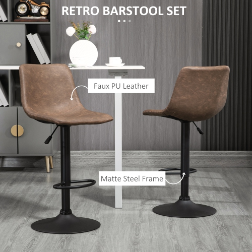 HOMCOM Adjustable Bar Stools Set of 2, Swivel Barstools with Back and Footrest, Faux Leather Counter Height Bar Chairs for Kitchen, Dining Room, Bar,