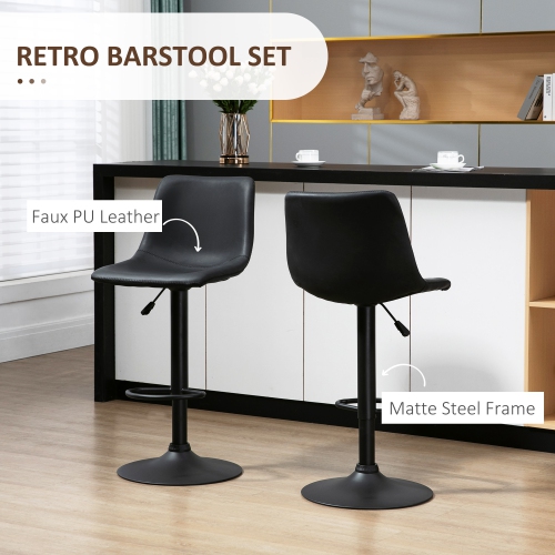 HOMCOM Adjustable Bar Stools Set of 2, Swivel Barstools with Back and Footrest, Faux Leather Counter Height Bar Chairs for Kitchen, Dining Room, Bar,