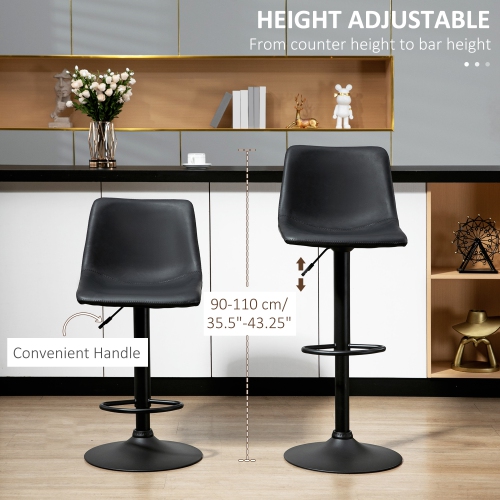 HOMCOM Adjustable Bar Stools Set of 2, Swivel Barstools with Back and Footrest, Faux Leather Counter Height Bar Chairs for Kitchen, Dining Room, Bar,
