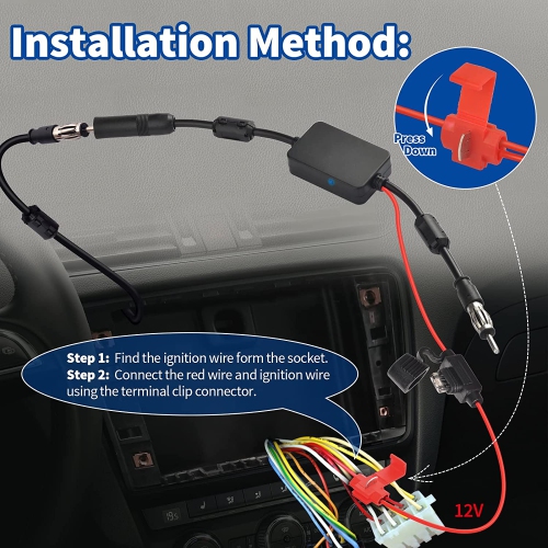 Universal Car Stereo FM Radio Antenna Signal Booster Amplifier Amp,12V Power Supply DIN Plug Connector Adapter for Vehicle Truck SUV Car Audio Radio
