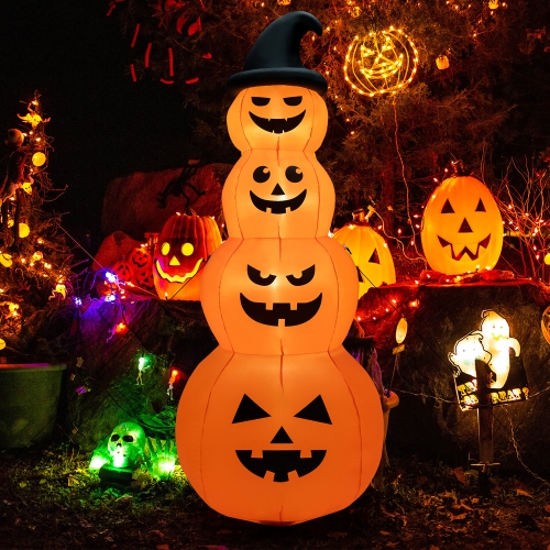 COSTWAY  8Ft Halloween Inflatable Stacked Pumpkins Blow-Up Holiday Decoration W/ Led Lights