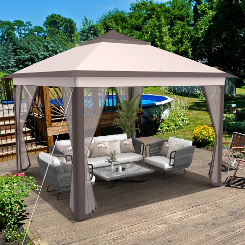Costway 11'x11' 2-Tier Pop-Up Gazebo Tent Portable Canopy Shelter Carry Bag Mesh Brown\Beige