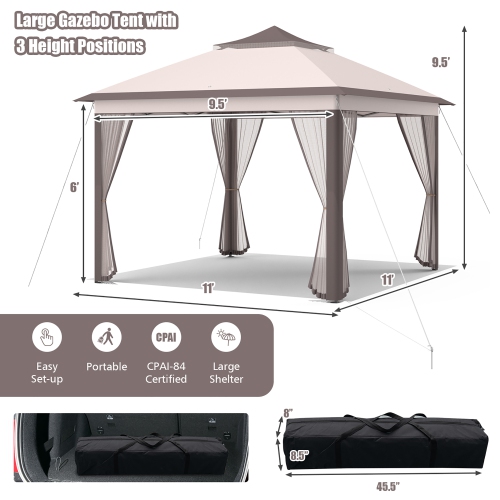 Costway 11'x11' 2-Tier Pop-Up Gazebo Tent Portable Canopy Shelter Carry Bag Mesh Brown\Beige