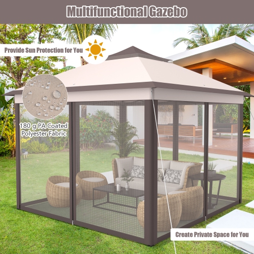 Costway 11'x11' 2-Tier Pop-Up Gazebo Tent Portable Canopy Shelter Carry Bag Mesh Brown\Beige
