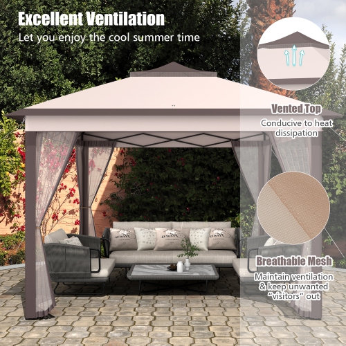 Costway 11'x11' 2-Tier Pop-Up Gazebo Tent Portable Canopy Shelter Carry Bag Mesh Brown\Beige