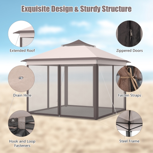 Costway 11'x11' 2-Tier Pop-Up Gazebo Tent Portable Canopy Shelter Carry Bag Mesh Brown\Beige