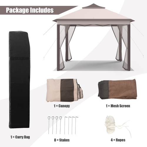 Costway 11'x11' 2-Tier Pop-Up Gazebo Tent Portable Canopy Shelter Carry Bag Mesh Brown\Beige