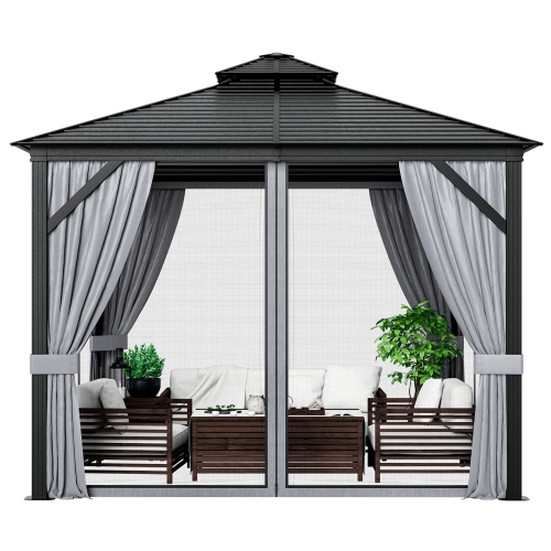 COSTWAY  10' X 10' Patio Double-Top Hardtop Gazebo Galvanized Steel Roof Aluminum Frame