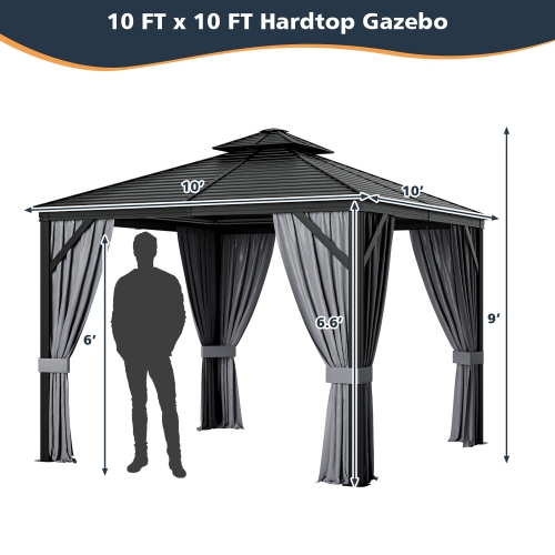 Costway 10' x 10' Patio Double-Top Hardtop Gazebo Galvanized Steel Roof Aluminum Frame