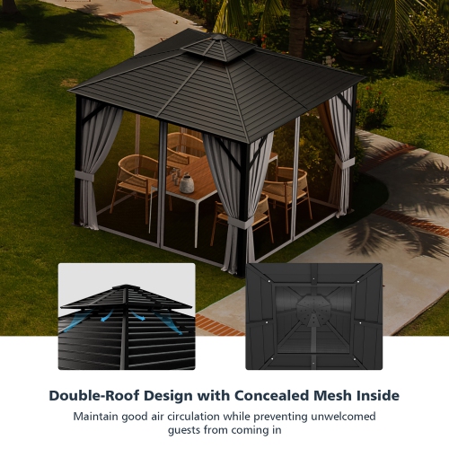Costway 10' x 10' Patio Double-Top Hardtop Gazebo Galvanized Steel Roof Aluminum Frame