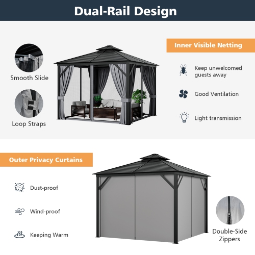 Costway 10' x 10' Patio Double-Top Hardtop Gazebo Galvanized Steel Roof Aluminum Frame