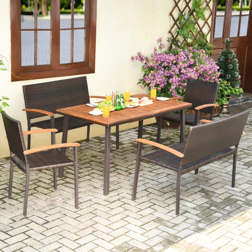 COSTWAY  5PC Patio Rattan Dining Set Acacia Wood Table Top Stackable Chair Bench