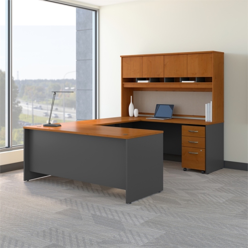 Series C 72W U-Desk with Hutch and Storage in Natural Cherry - Engineered Wood