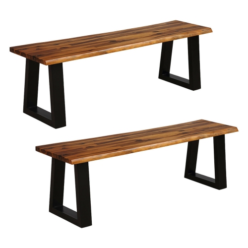 GYMAX  2 PCs Solid Acacia Wood Patio Bench Dining Bench Outdoor W/rustic Metal Legs