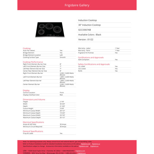 Frigidaire Gallery 30" 4-Element Induction Cooktop (GCCI3067AB) - Black