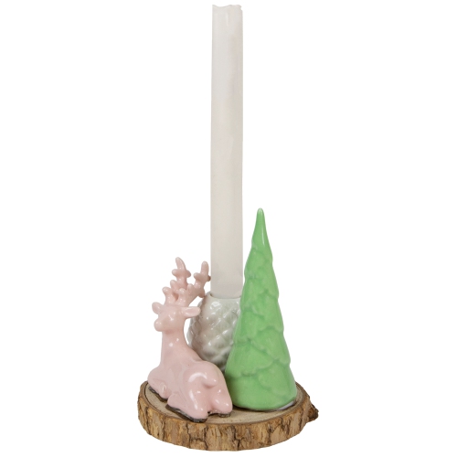 Reindeer with Tree and Pine Cone Christmas Taper Candle Holder - 6"