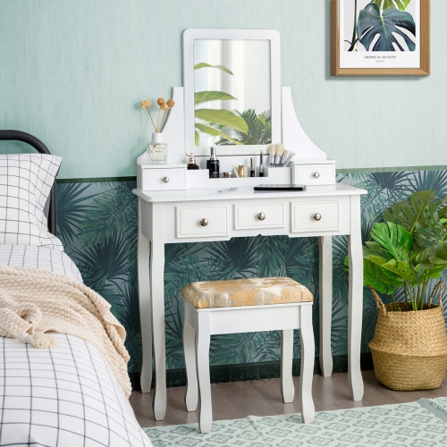 Gymax Vanity Set W/5 Drawers &Removable Box Makeup Dressing Table and Stool Set White