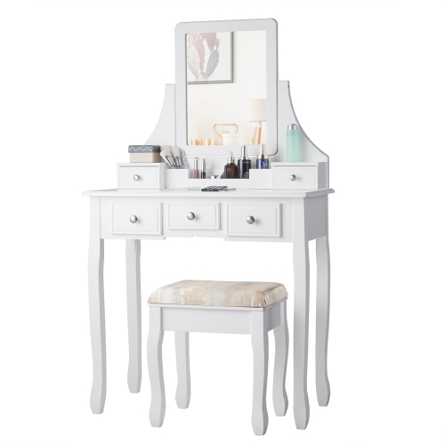 Gymax Vanity Set W/5 Drawers &Removable Box Makeup Dressing Table and Stool Set White